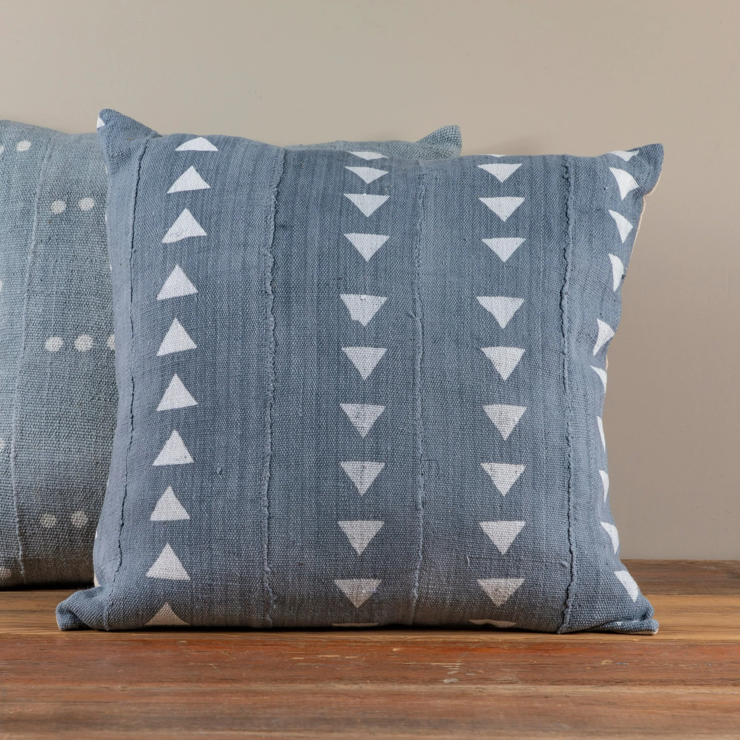 Mud Cloth Square Pillow, Blue / Grey with Triangles - Image 2