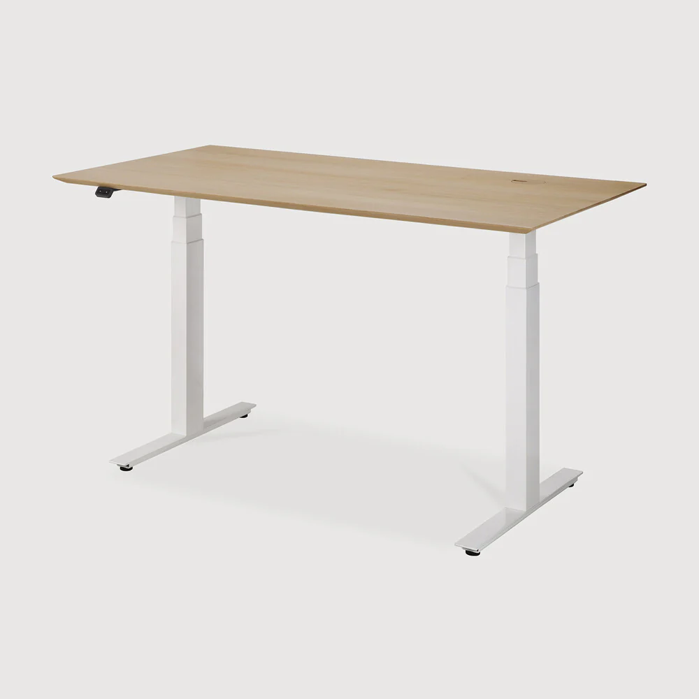 Bok adjustable desk - varnished oak top - white base - rectangular - with cable management - US