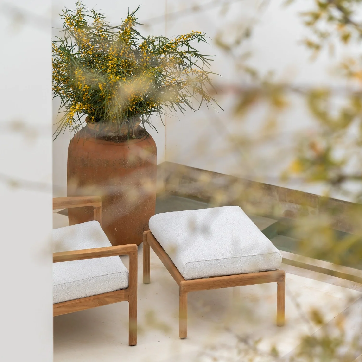 Jack Solid Teak Outdoor Footstool, Off White - Image 2