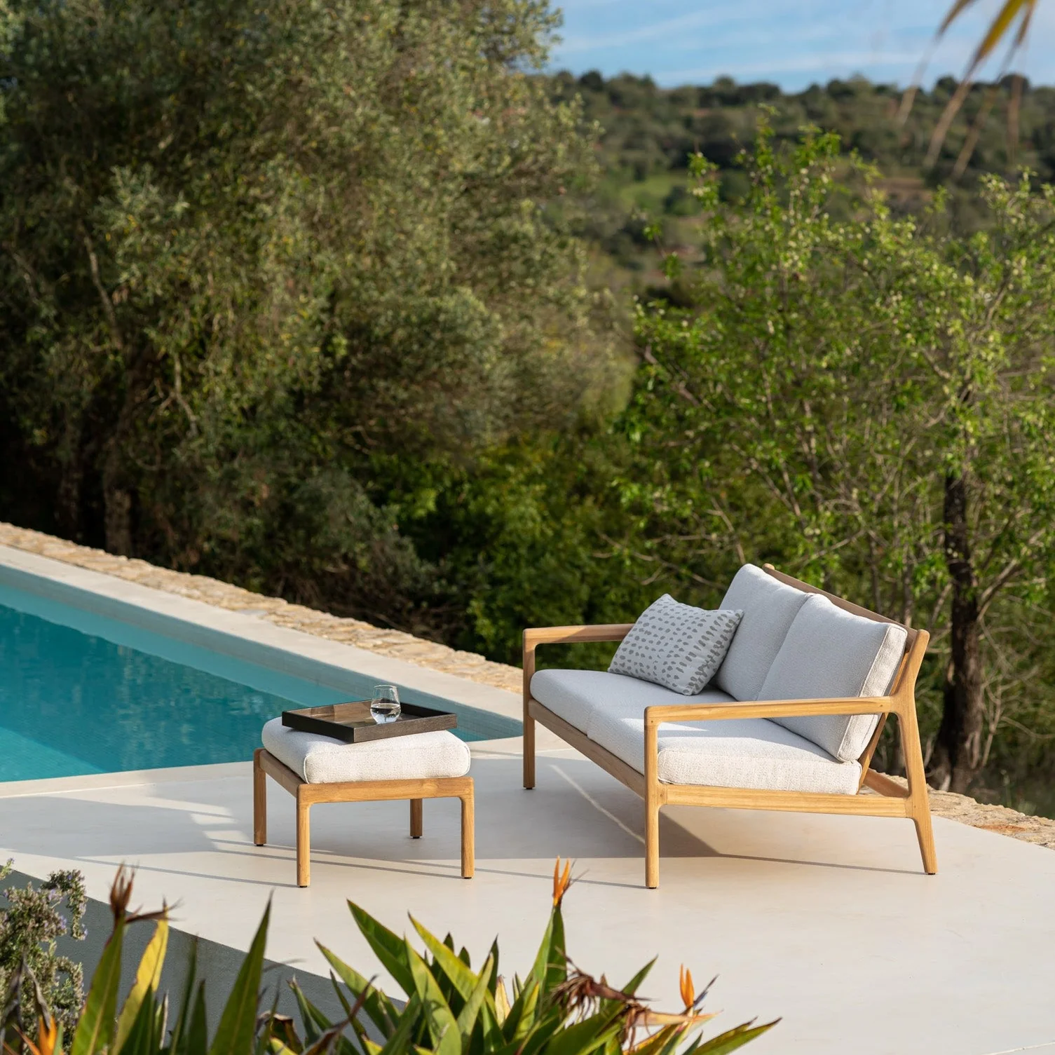 Jack Solid Teak Outdoor Footstool, Off White - Image 3