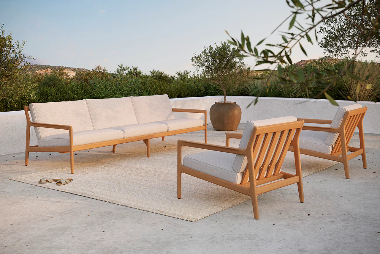 Jack Solid Teak Outdoor 3 Seater Sofa, Off White Fabric - Image 2