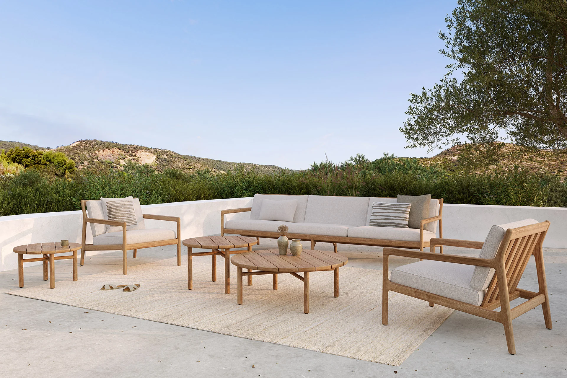Jack Solid Teak Outdoor 3 Seater Sofa, Off White Fabric - Image 4