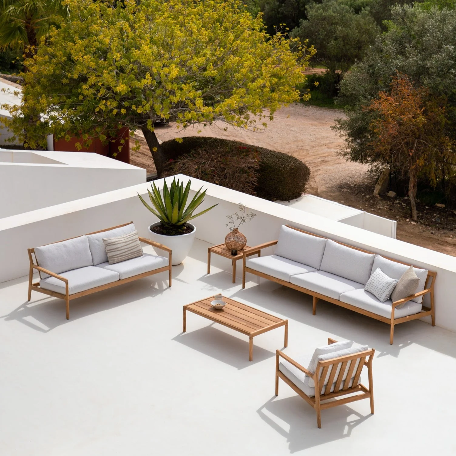 Jack Solid Teak Outdoor 3 Seater Sofa, Off White Fabric - Image 5