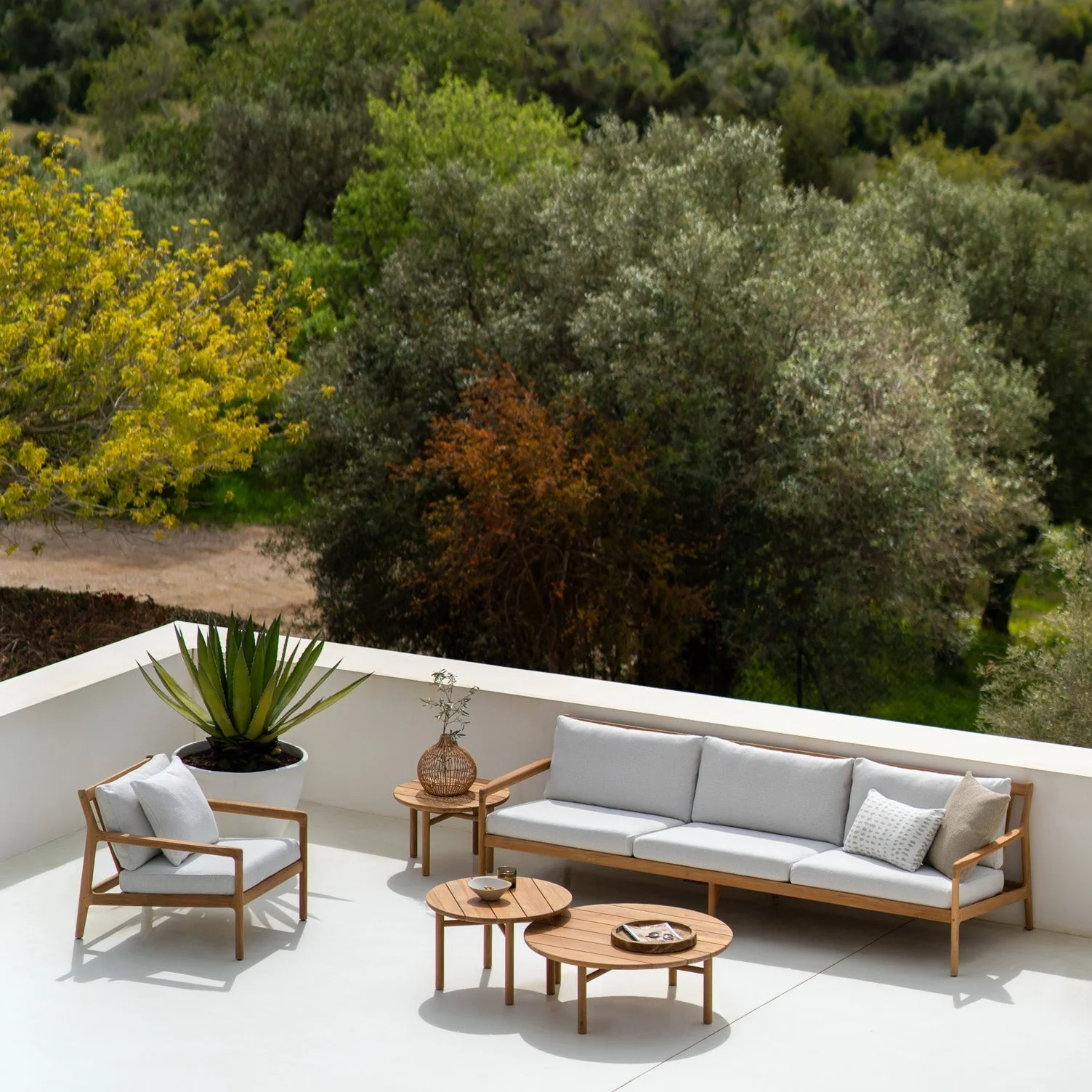 Jack Solid Teak Outdoor 3 Seater Sofa, Off White Fabric - Image 6