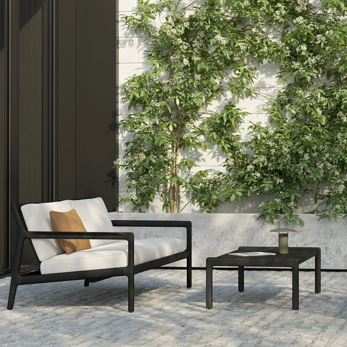Jack Solid Black Teak Outdoor 2 Seater Sofa, Off White Fabric