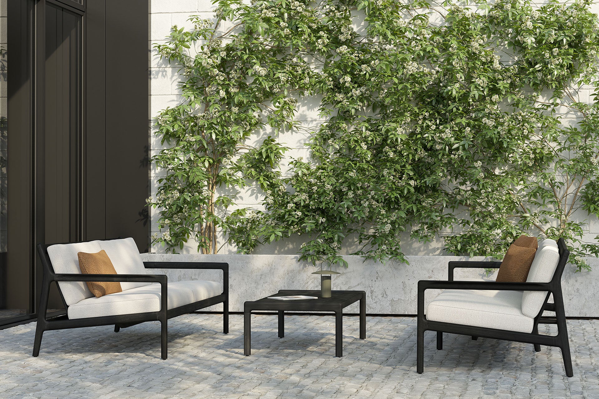 Jack Solid Black Teak Outdoor 2 Seater Sofa, Off White Fabric - Image 2