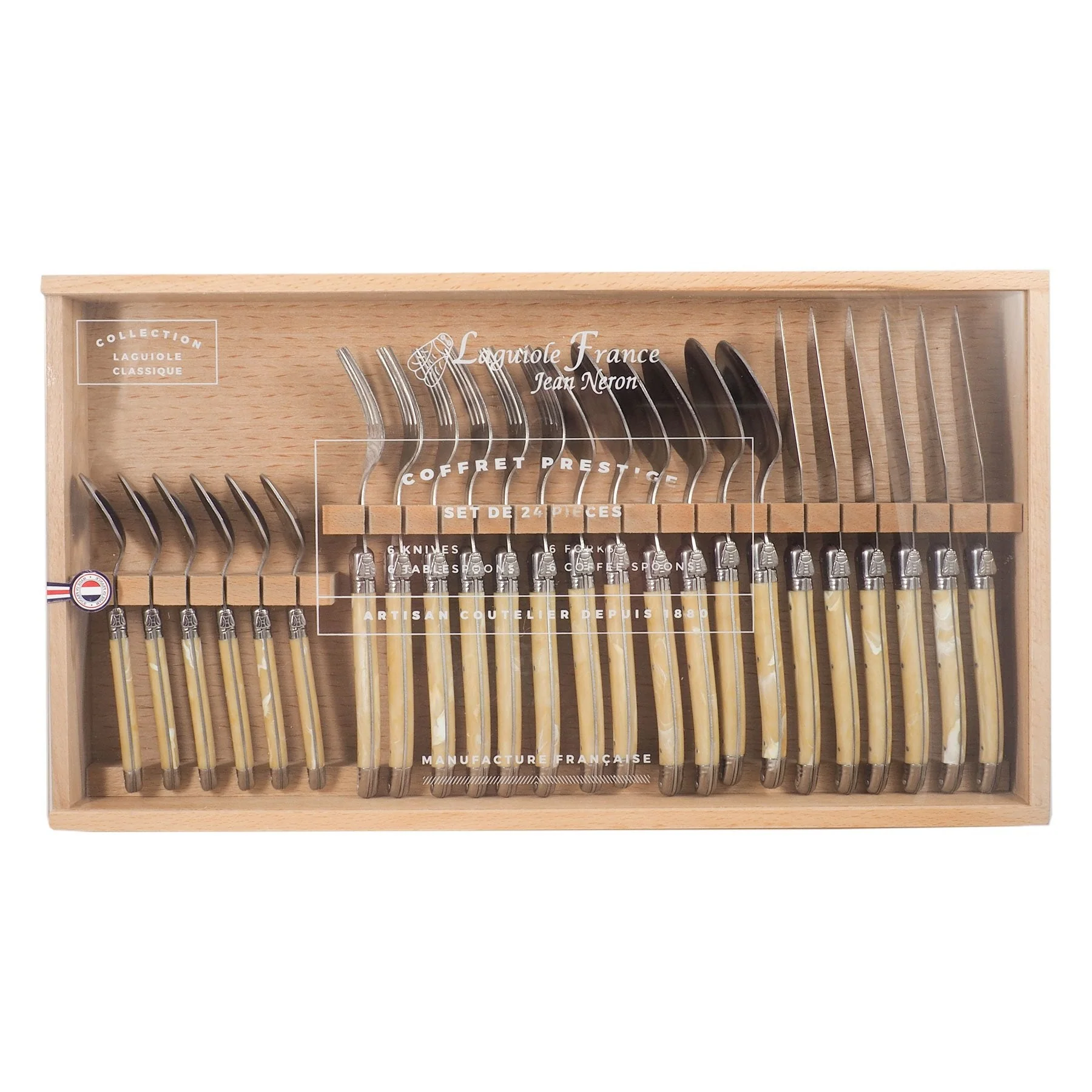 Laguiole 24 Piece Flatware Set, Pale Horn in Wood Box with Acrylic Lid - Image 2
