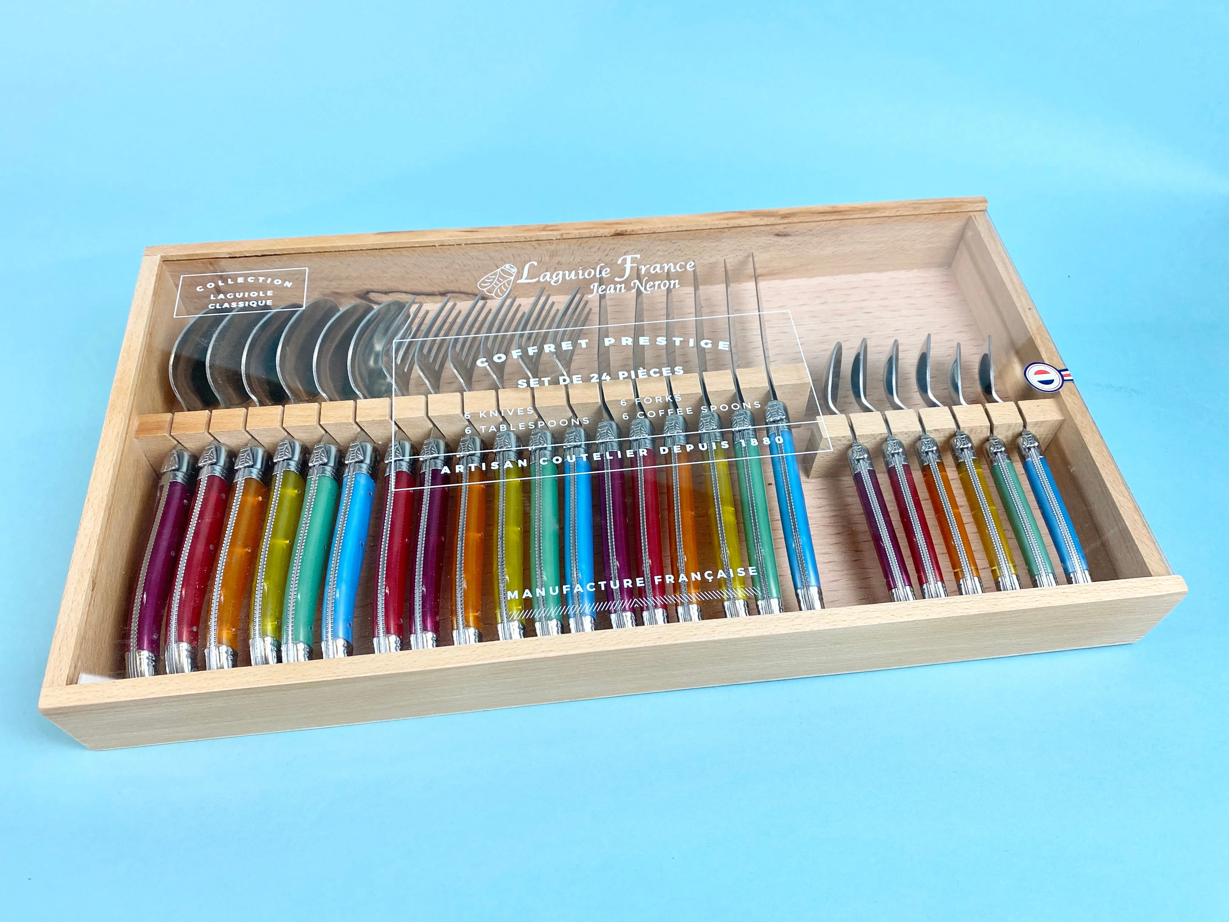 Laguiole 24 Piece Flatware Set, Rainbow in Wood Box with Acrylic Lid - Image 3