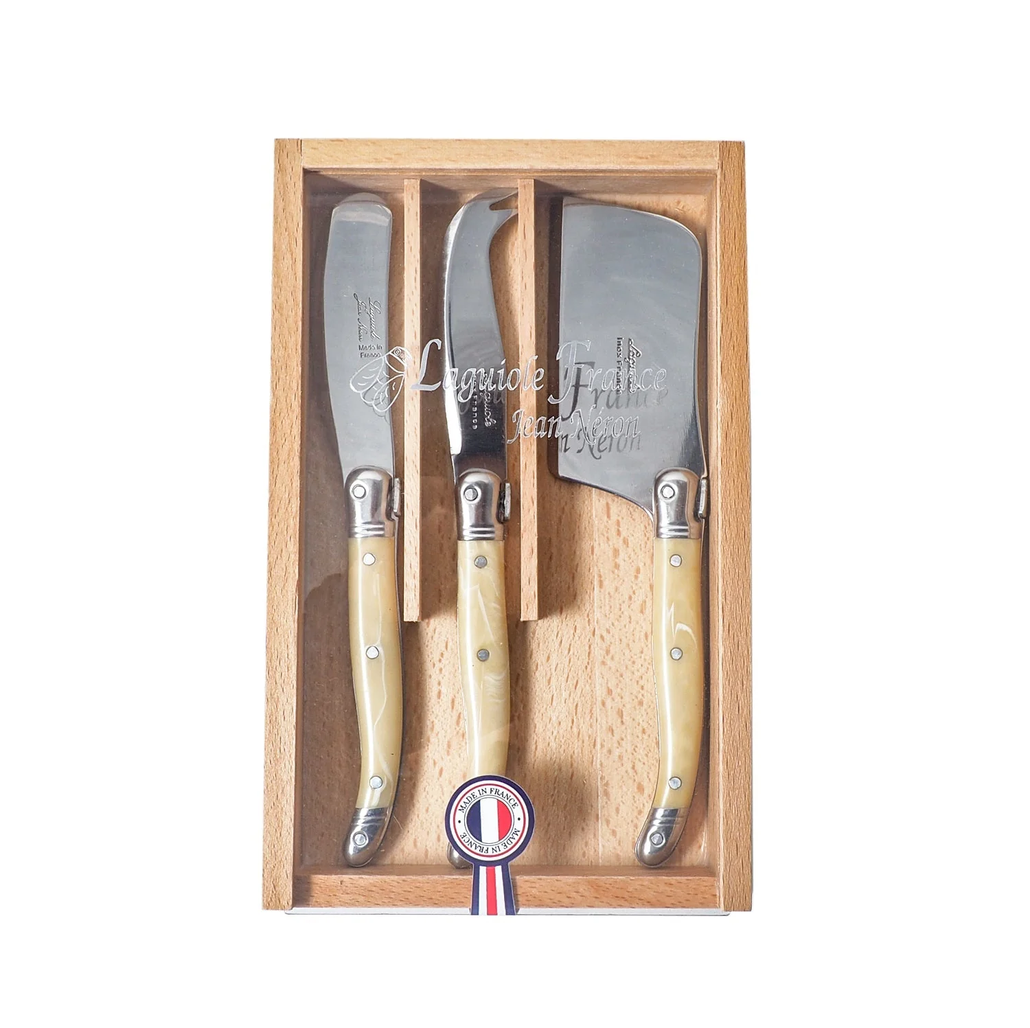 Laguiole 3 Piece Mini Cheese Utensil Set, Pale Horn in Wood Box with Acrylic Lid - Image 2