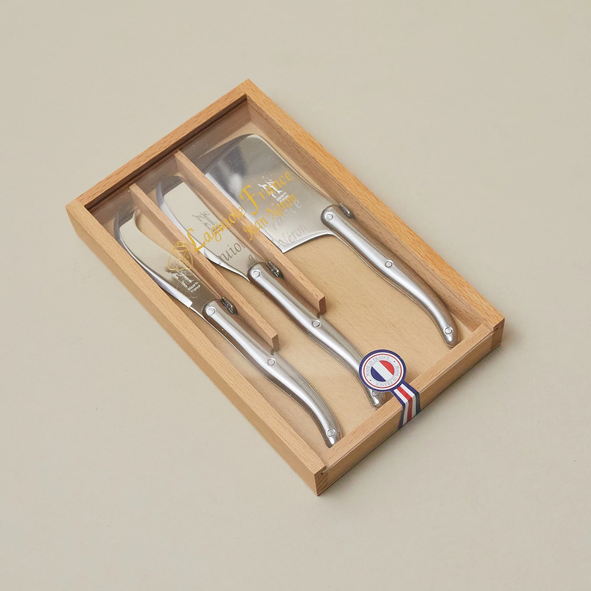 Laguiole 3 Piece Mini Cheese Utensil Set, Stainless Steel in Wood Box with Acrylic Lid