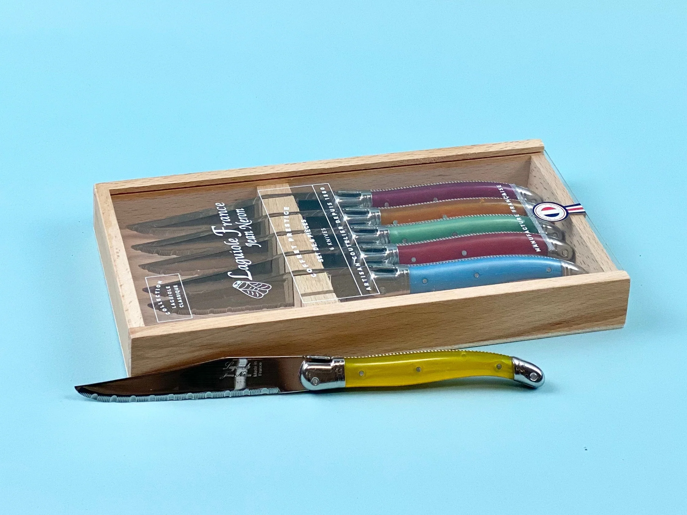 Laguiole 6 Piece Steak Knife Set, Platine Rainbow in Wood Box with Acrylic Lid - Image 3