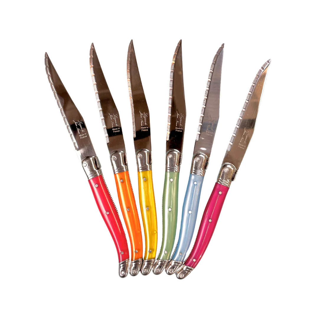 Laguiole 6 Piece Steak Knife Set, Platine Rainbow in Wood Box with Acrylic Lid - Image 5