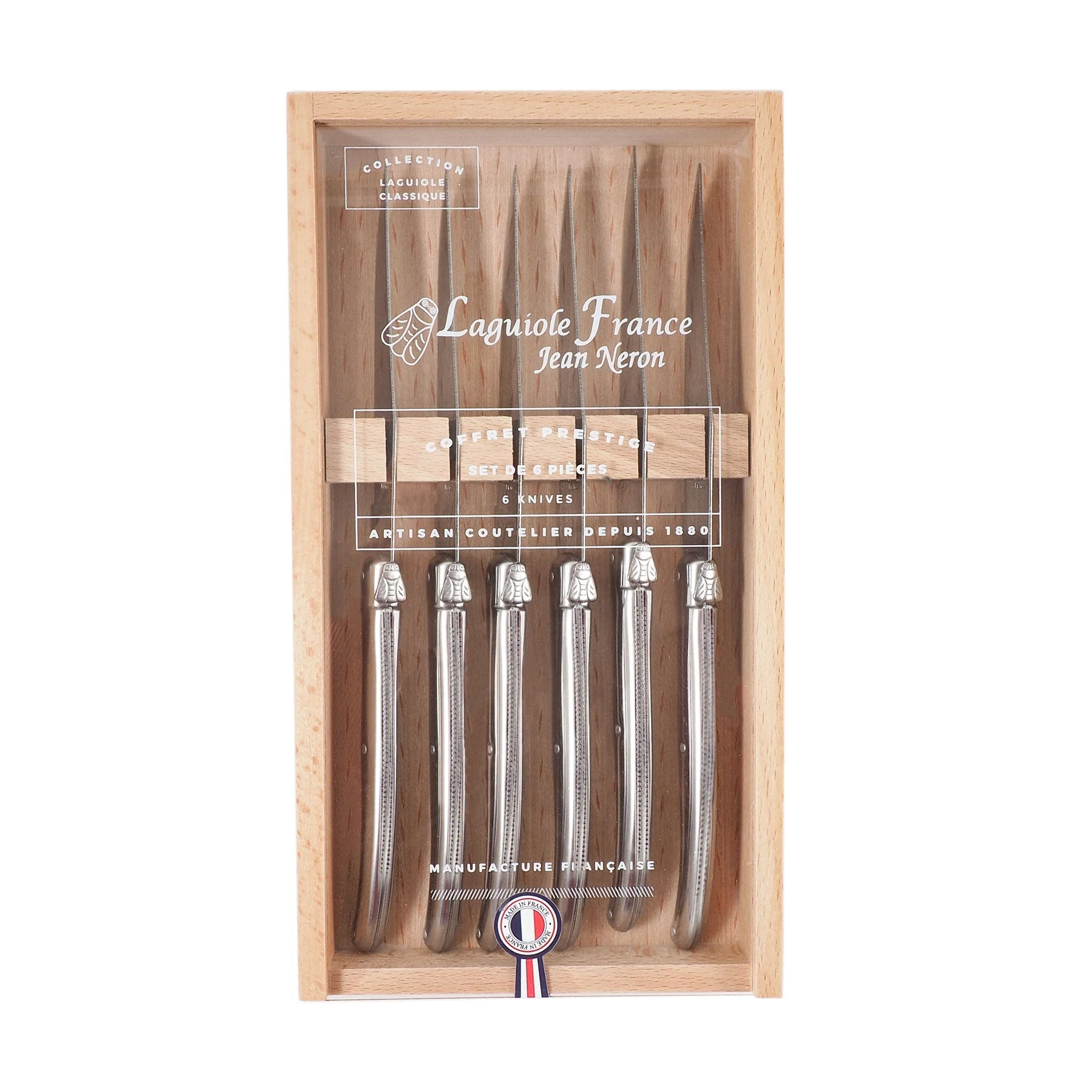 Laguiole 6 Piece Steak Knife Set, Platine Stainless Steel in Wood Box with Acrylic Lid - Image 2