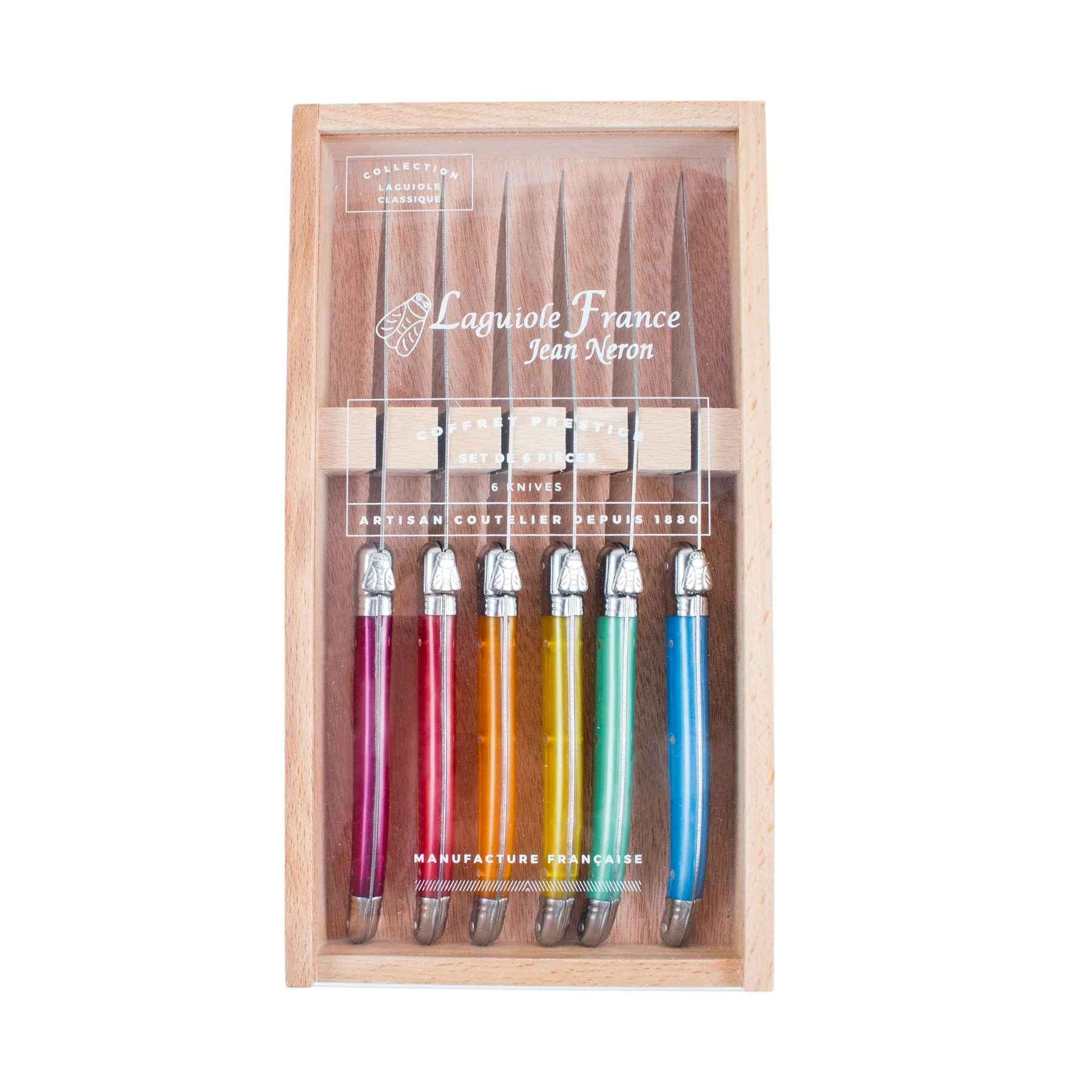 Laguiole 6 Piece Steak Knife Set, Rainbow in Wood Box with Acrylic Lid - Image 3