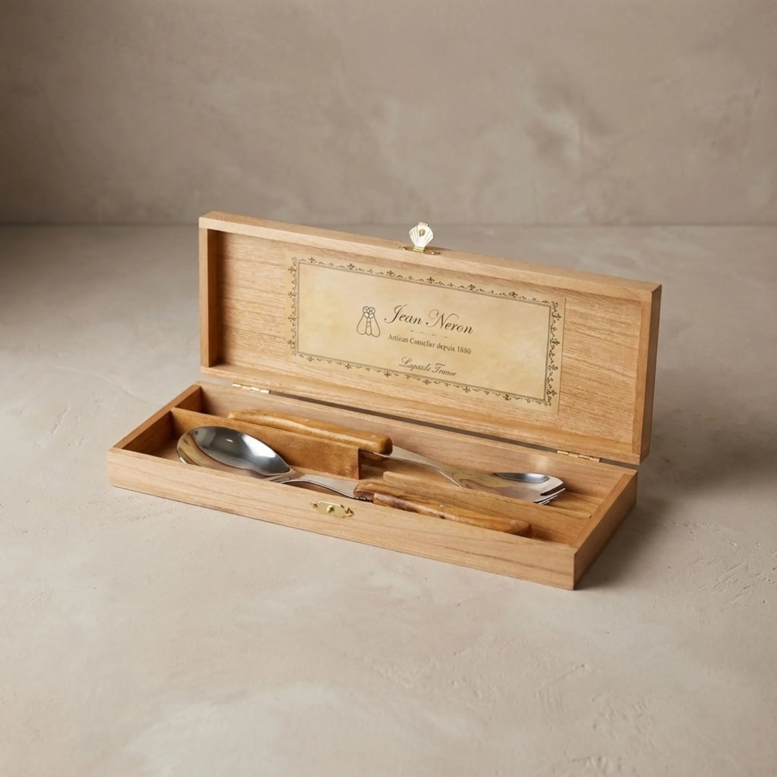 Laguiole Salad Serving Set Olivewood, in wooden box - Image 2