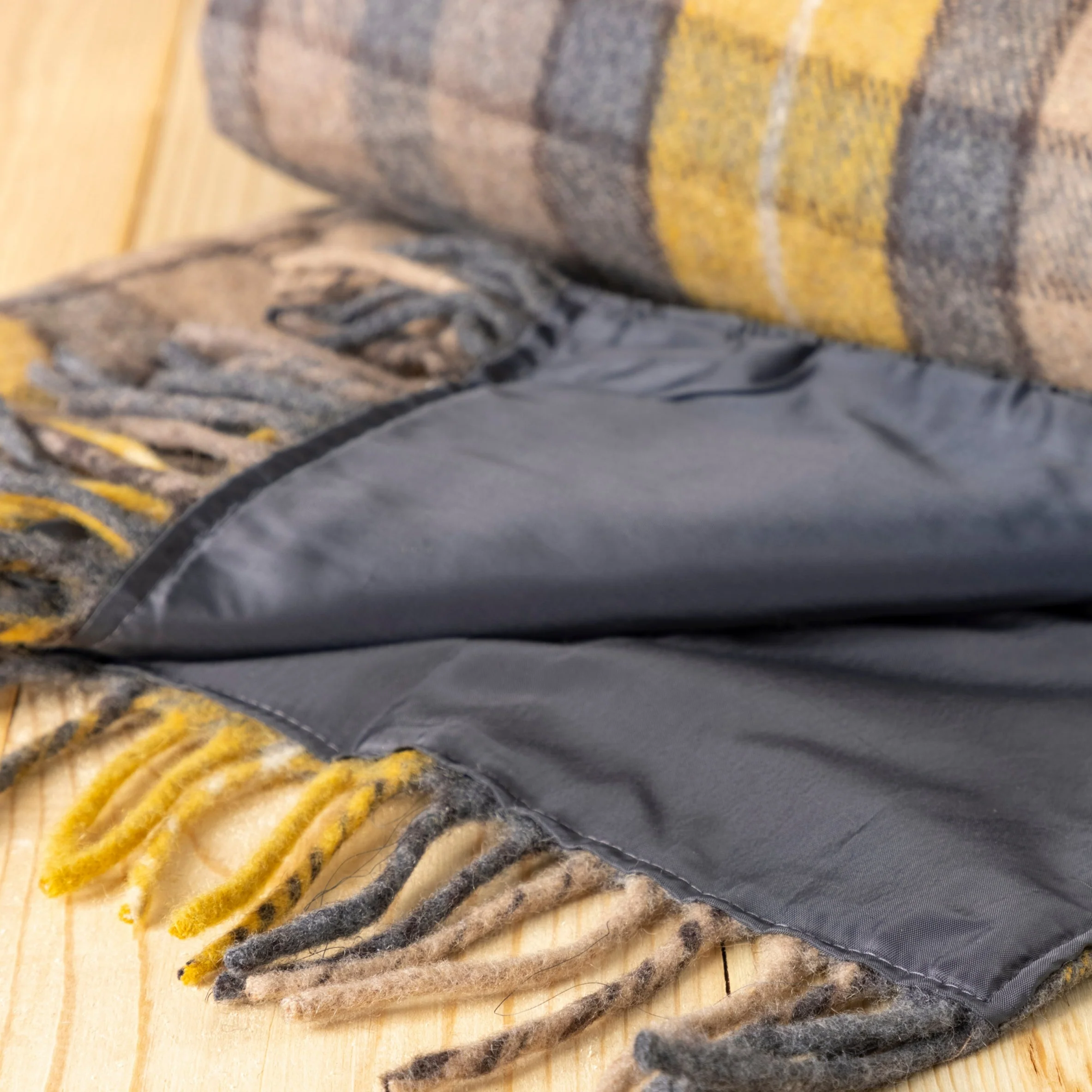 Recycled Wool Waterproof Picnic Blanket in Buchanan Natural Tartan - Brown Leather - Image 5