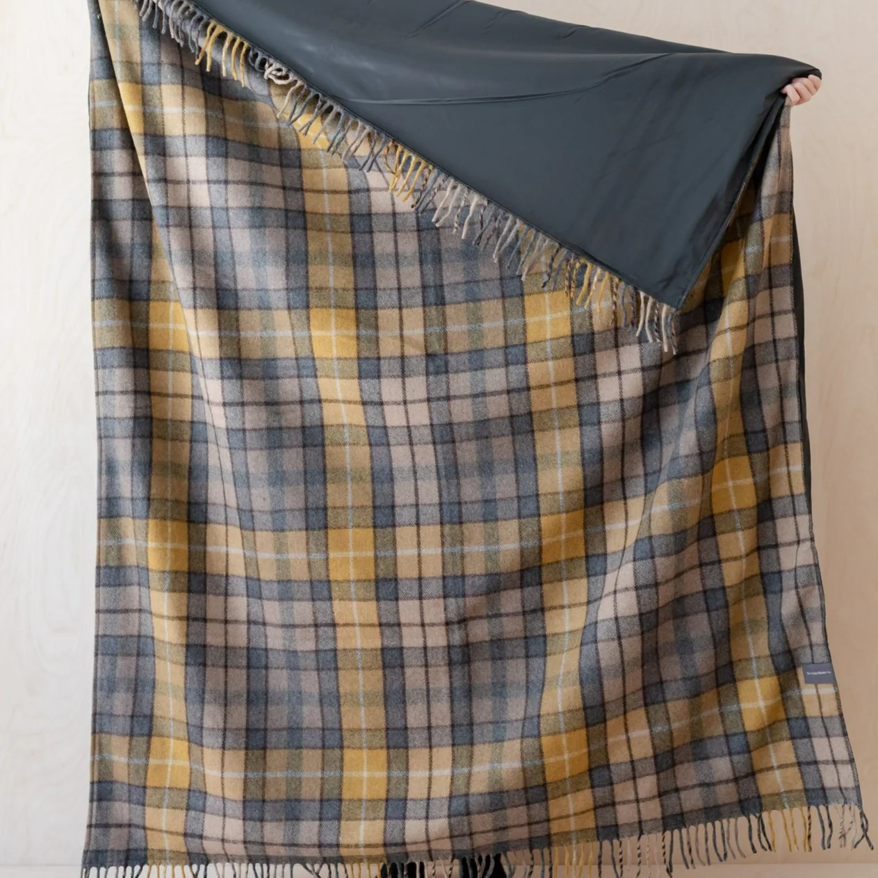 Recycled Wool Waterproof Picnic Blanket in Buchanan Natural Tartan - Brown Leather - Image 8