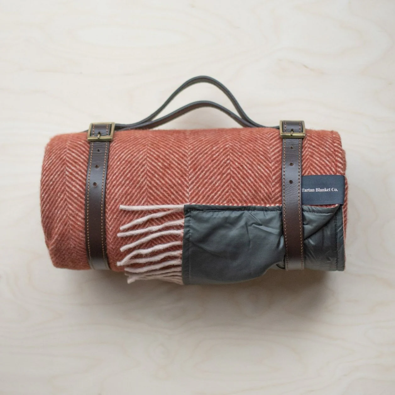 Recycled Wool Waterproof Picnic Blanket in Rust Herringbone - Brown Leather - Image 7