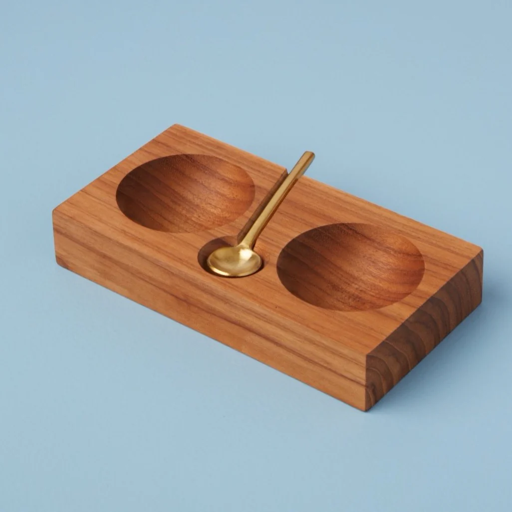 Teak Plank Salt & Pepper Cellar with Gold Spoon - Image 4